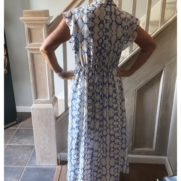 Rebecca Taylor Silk Maxi Dress Button Front Short Flutter Sleeve Blue White Sz 8 - Picture 3 of 16